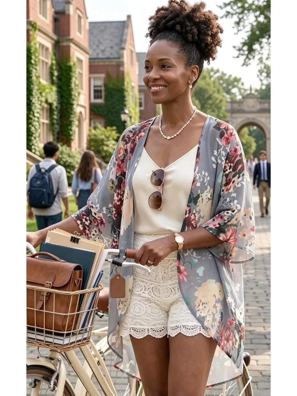 Womens Dark Grey Polyester Kimono Cardigan Swimwear Coverup Floral Puff Sleeve